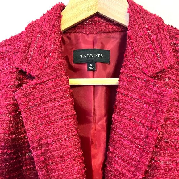 Talbots Woven Blend Jacket Blazer Silk Wool Trim Red Pink Career Women's 12 New - Picture 2 of 10